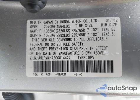 2012 Honda Cr-V Ex-L from USA, damaged, VIN JHLRM4H72CC014427